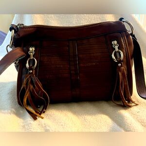 B. Makowsky Leather Fringe Crossbody Purse, Leopard lining inside, very pretty.